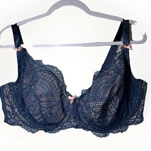 Cacique Bra Unlined Balconette 44DD Coquette Blue Pink Bows Lace Sheer Barbie